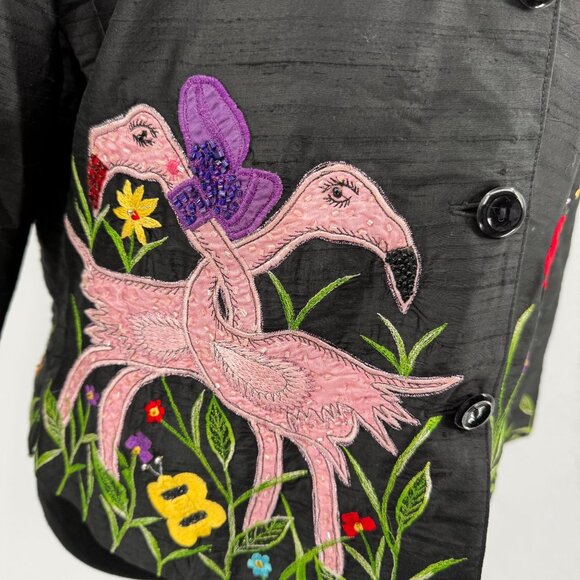 Vtg Tunique Nights Silk Jacket Women S Embroidered Black Flamingo Novelty Button - Picture 6 of 7